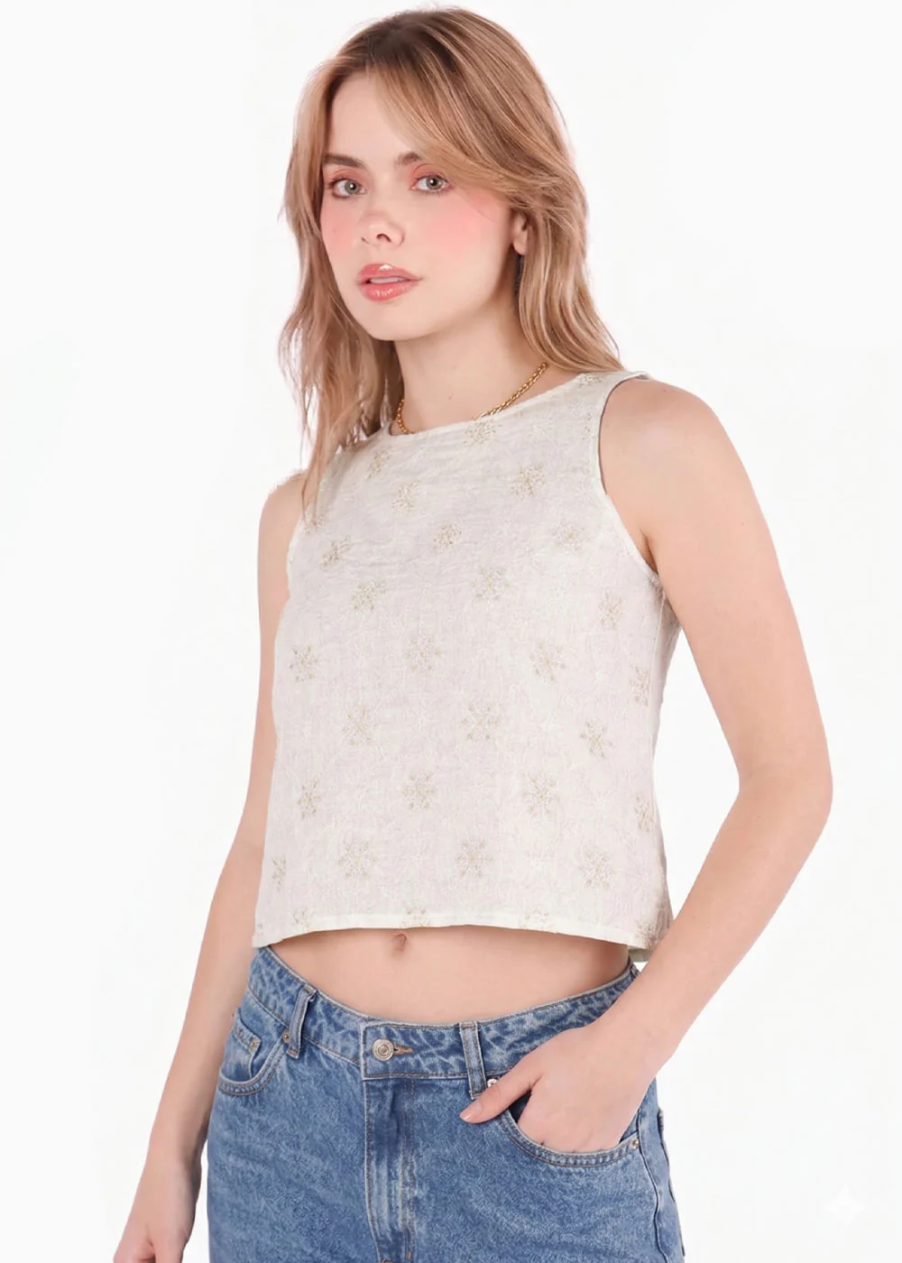 Blusa halter tejida flores con anudado en espalda - GALICIA.MARFIL - Image 3