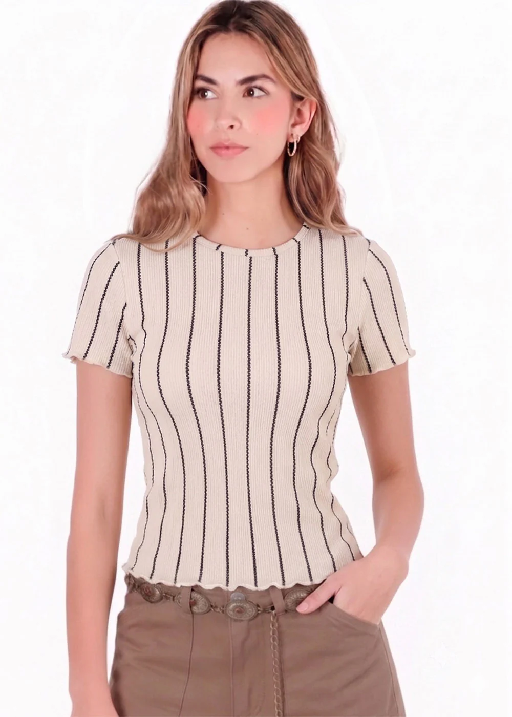 Blusa manga corta beige de rayas - ARENA - Image 2