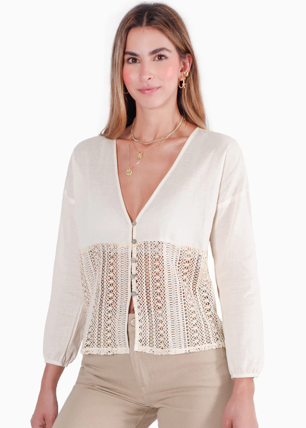 Blusa manga larga con botones y detalle en crochet - GALILEA - Image 2