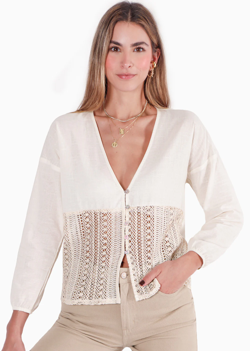 Blusa manga larga con botones y detalle en crochet - GALILEA - Image 5