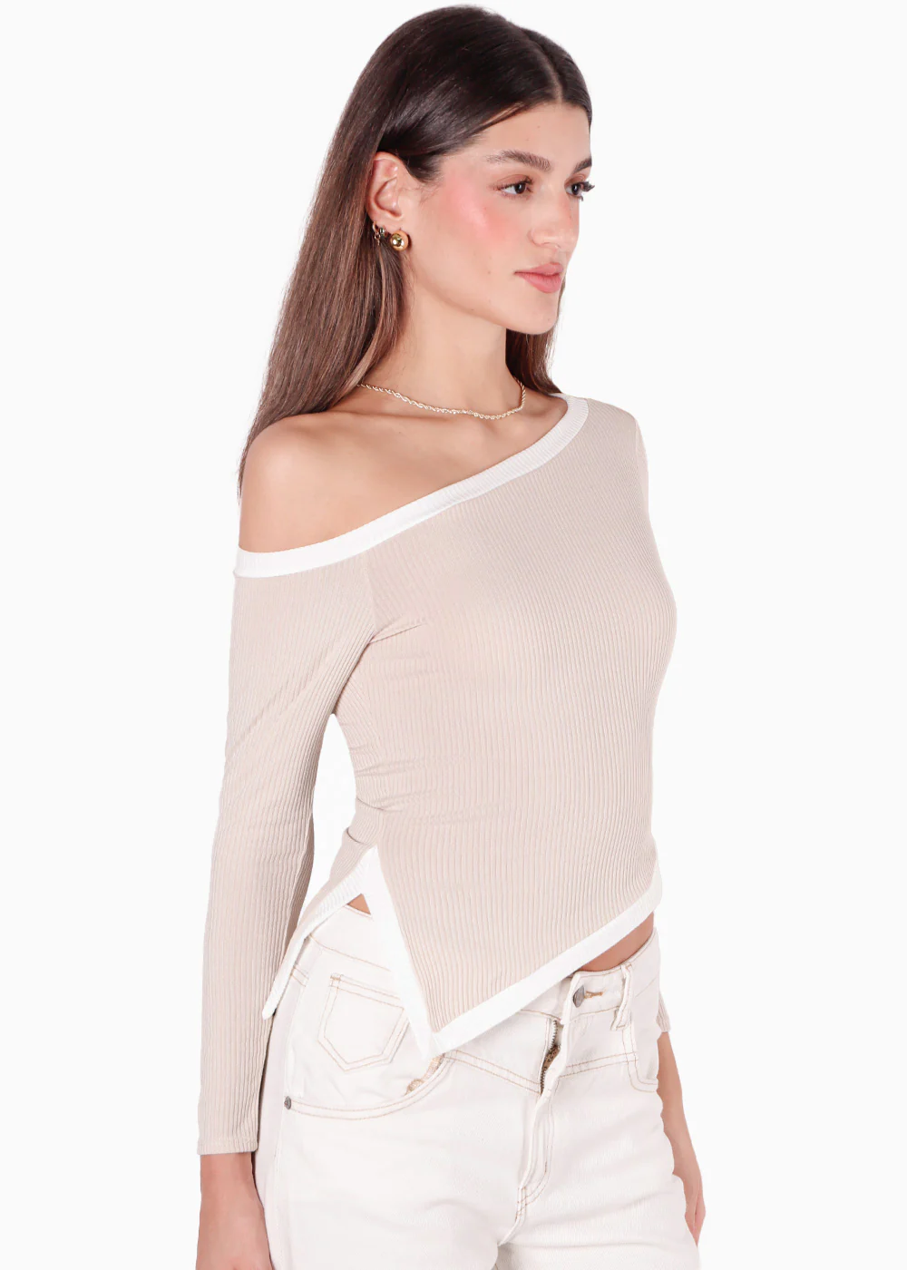 Blusa manga larga con cortes en contraste y abertura en costado - ORELIS - Image 3
