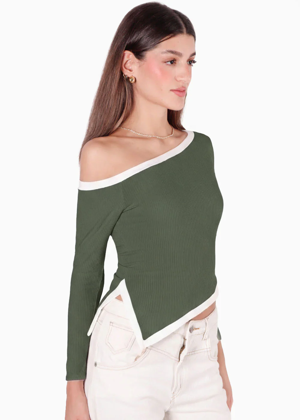 Blusa manga larga con cortes en contraste y abertura en costado - ORELIS.VERDE - Image 2