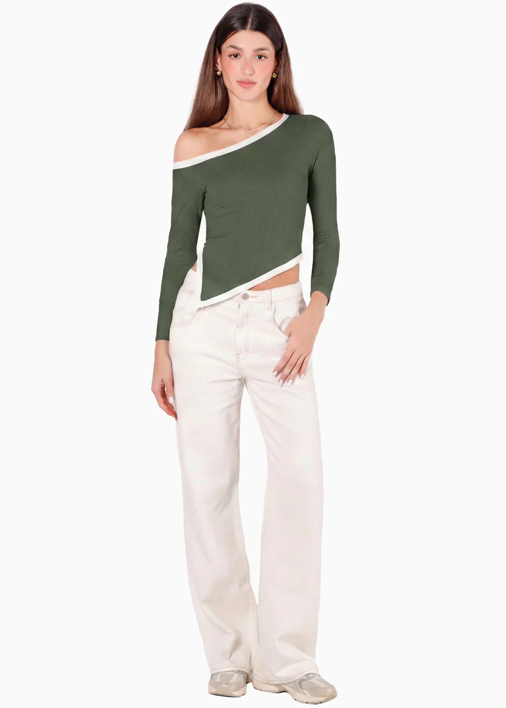 Blusa manga larga con cortes en contraste y abertura en costado - ORELIS.VERDE - Image 3