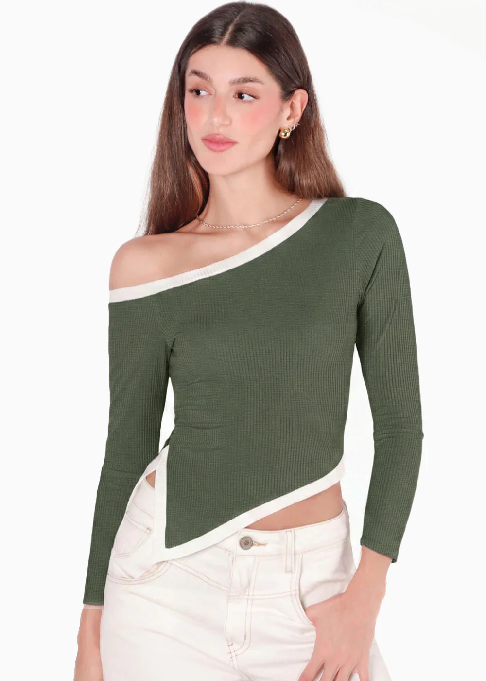 Blusa manga larga con cortes en contraste y abertura en costado - ORELIS.VERDE - Image 5