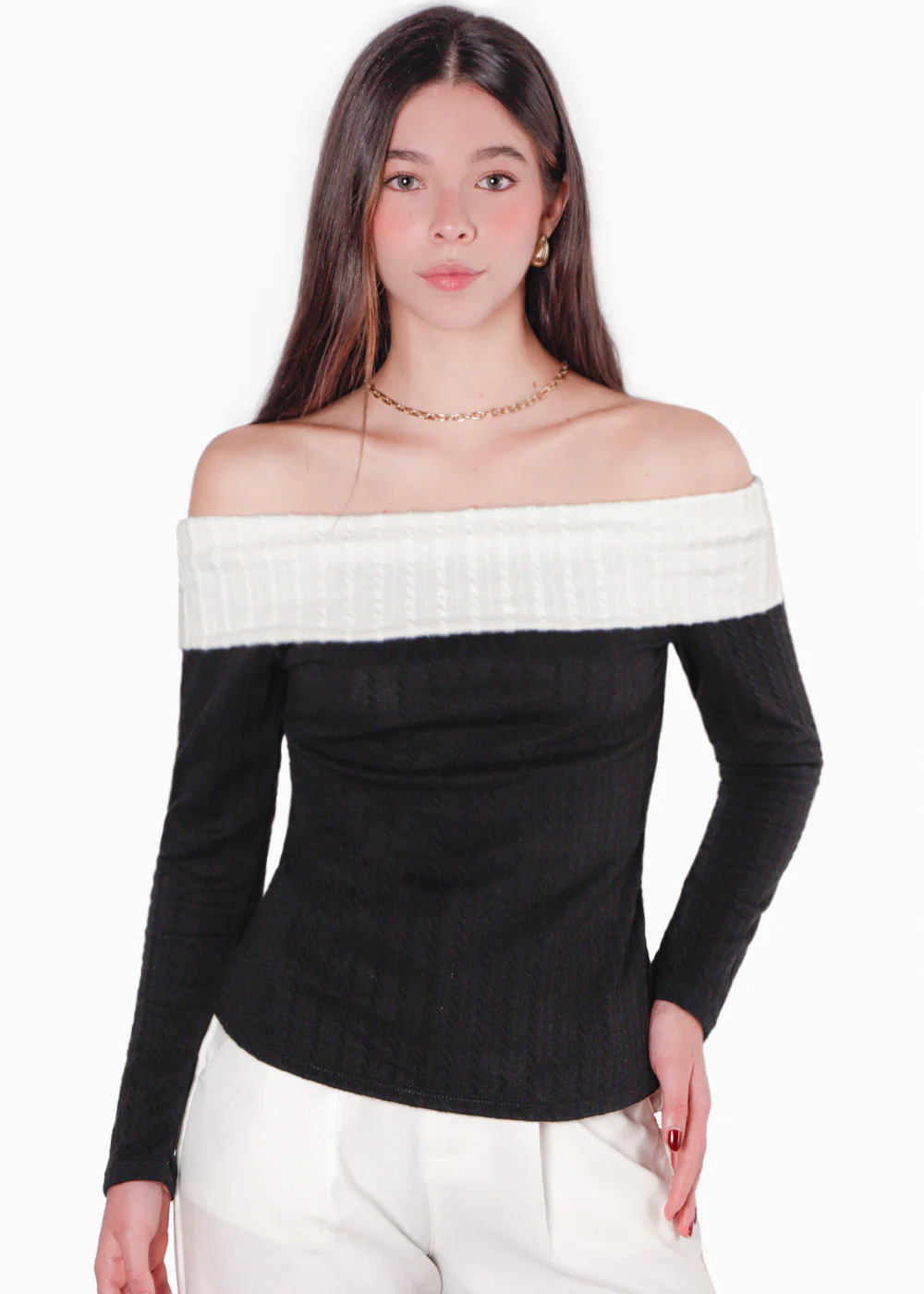 Blusa manga larga con cuello bandeja en contraste y entorchado en espalda - MARIE - Image 5