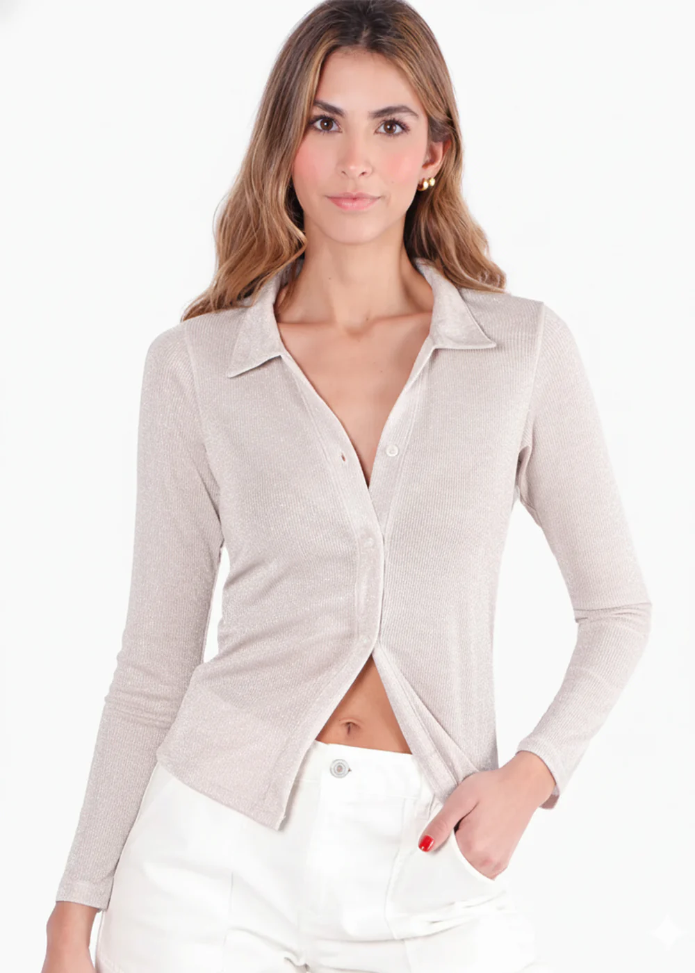 Blusa manga larga con efecto brillo de botones y cuello - ALICIA - Image 5