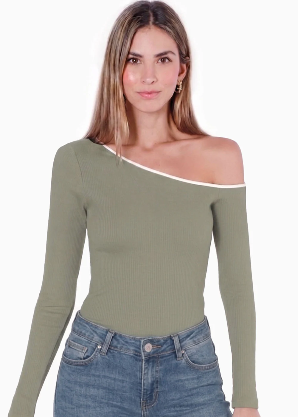 Blusa manga larga con un hombro descubierto y sesgo en contraste en escote - ALIX.VERDE - Image 2