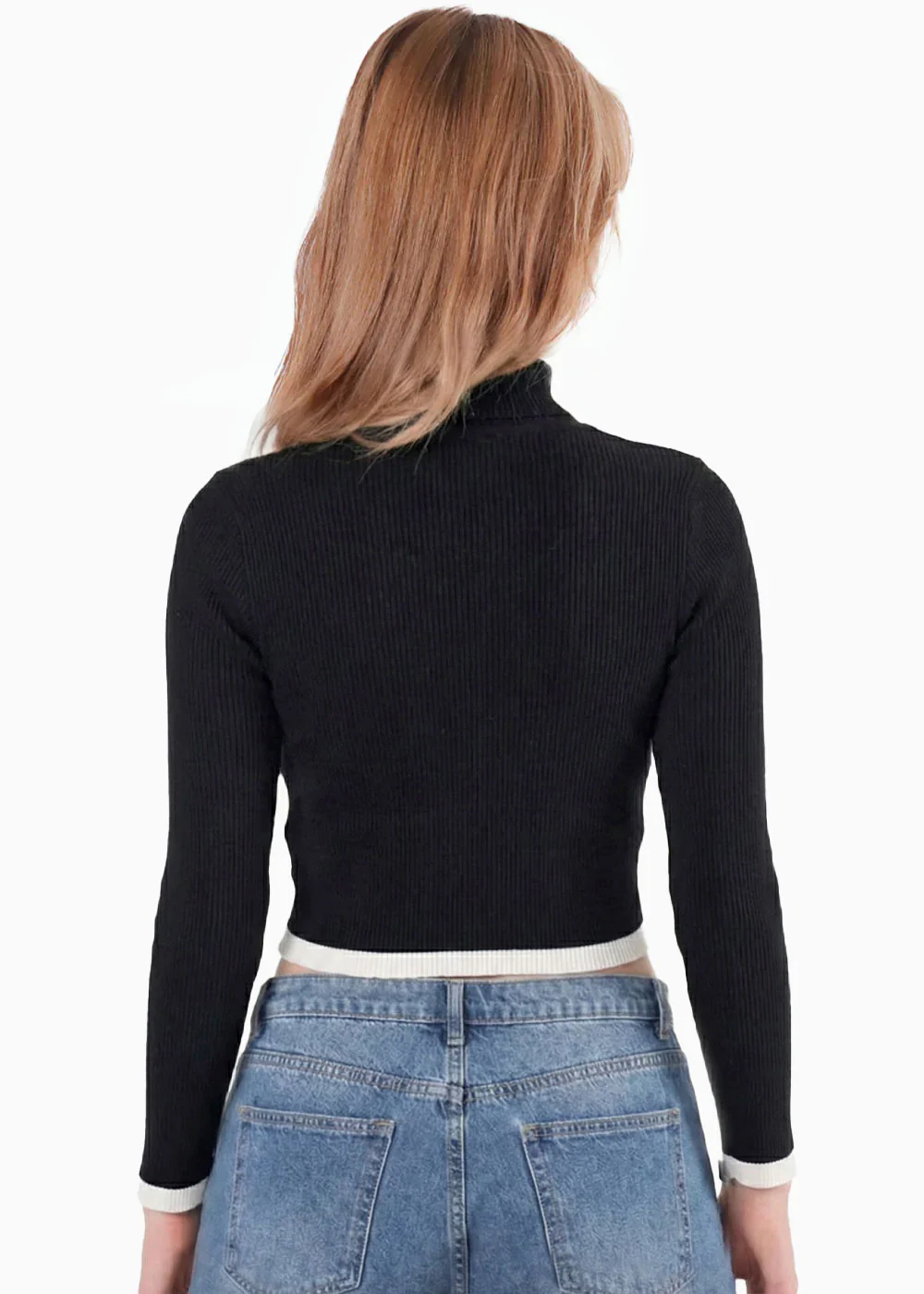 Blusa manga larga cuello alto contraste en ruedo - OPALO.NEGRO - Image 4