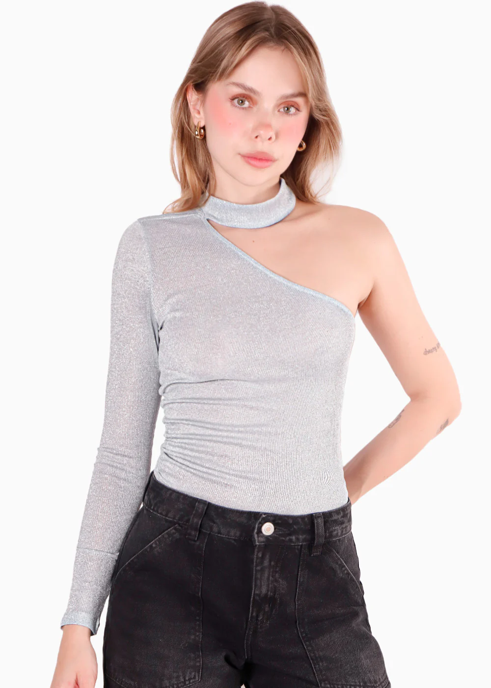 Blusa manga larga de un solo hombro con cuello alto - EVADINE - Image 5