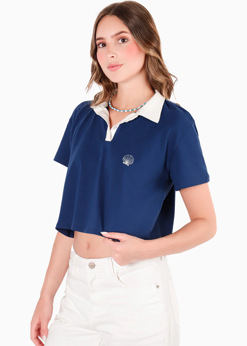 Camiseta tipo polo cropped con perilla, cuello en contraste y bordado - GERBERA - Image 2