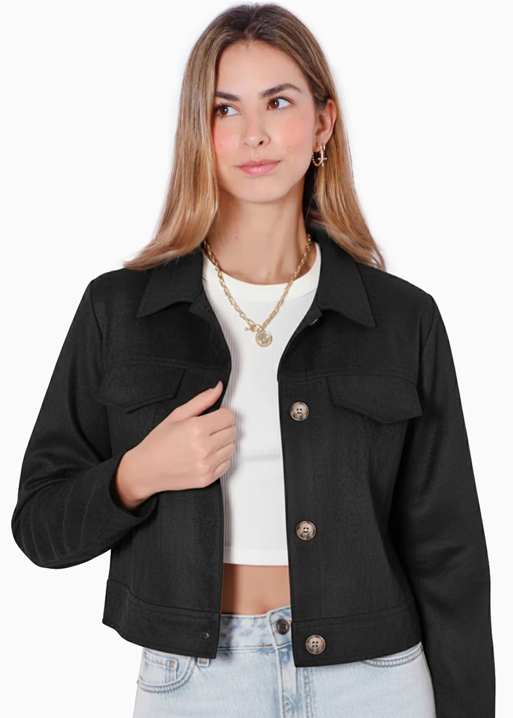 Chaqueta tipo gamuza con entrelazado en cuello y bolsillos - CEIBA.NEGRO - Image 5