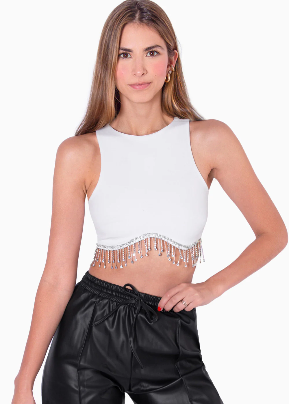 Crop top sin mangas con apliques de piedras brillantes - OLYA - Image 2