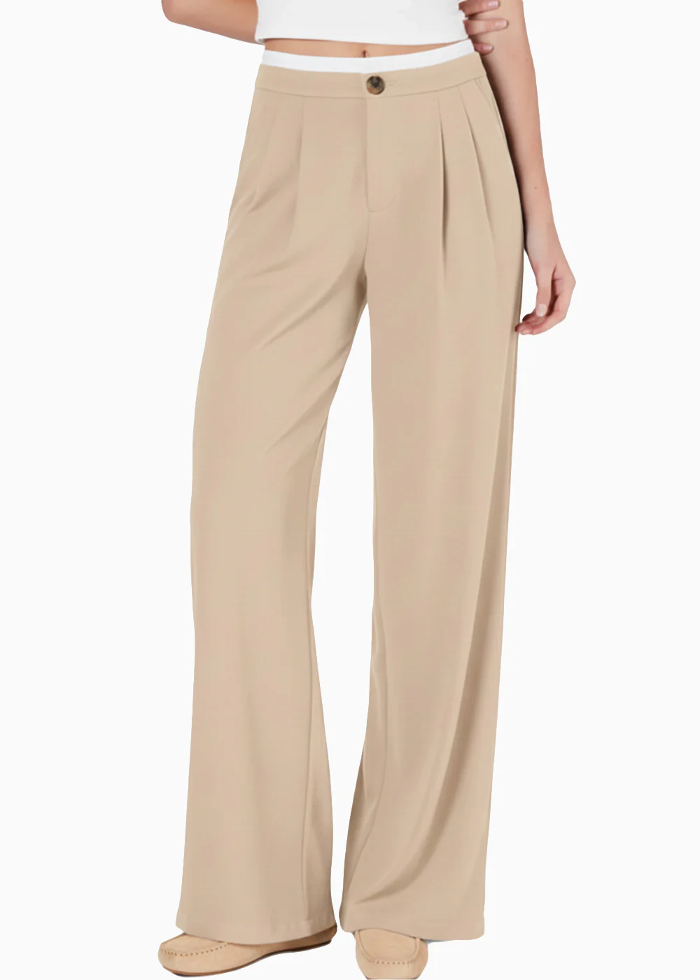 Pantalón wide leg con doble pretina en contraste - NACAR.BEIGE - Image 5